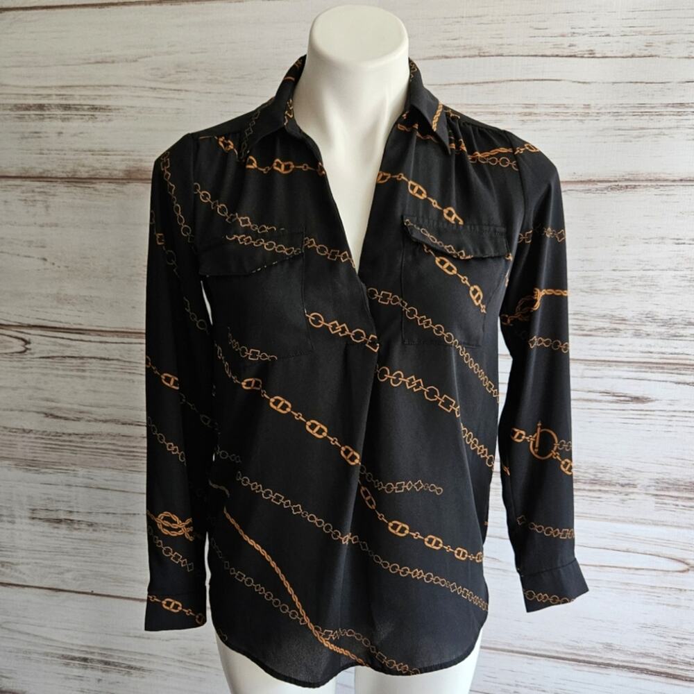 Ann Taylor Black Button Down Chain Link Print Blouse sz XS Petite